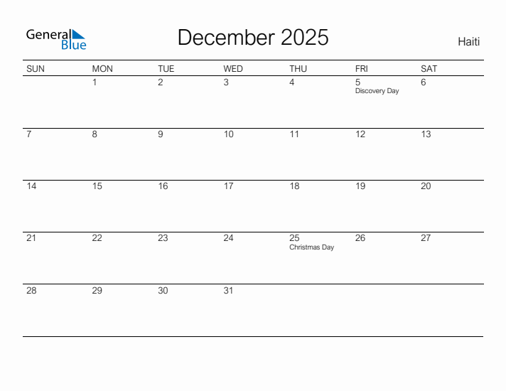 Printable December 2025 Calendar for Haiti