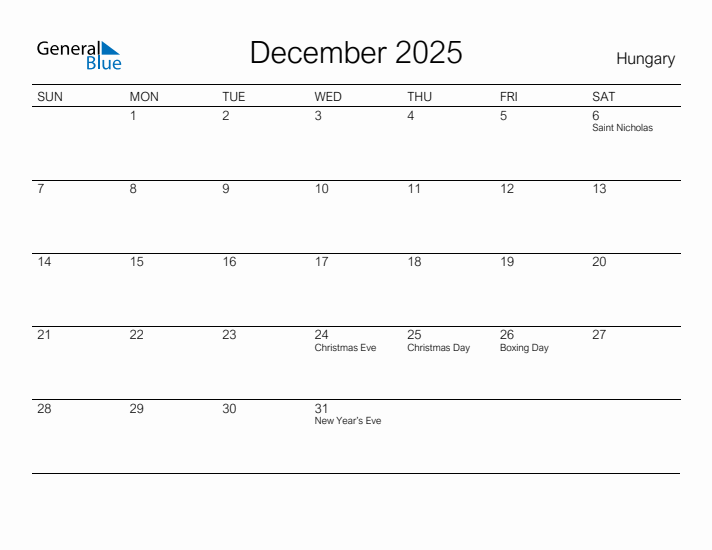 Printable December 2025 Calendar for Hungary