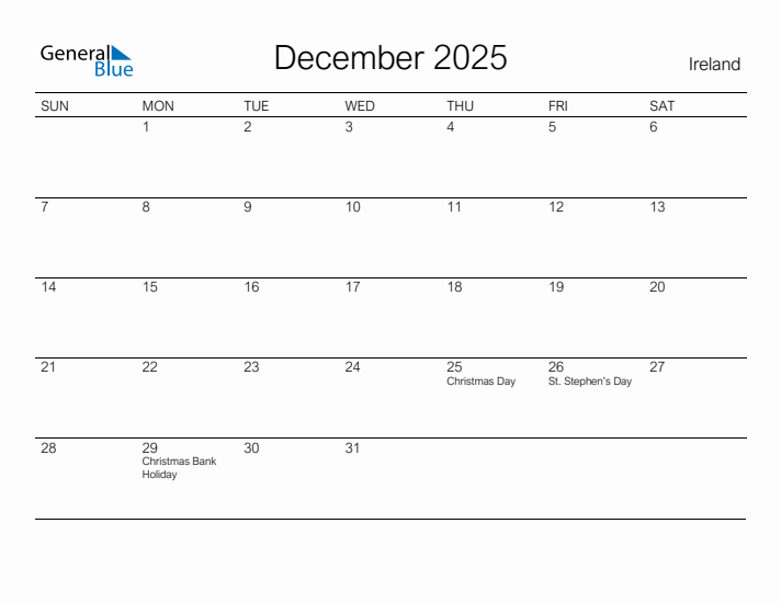 Printable December 2025 Calendar for Ireland