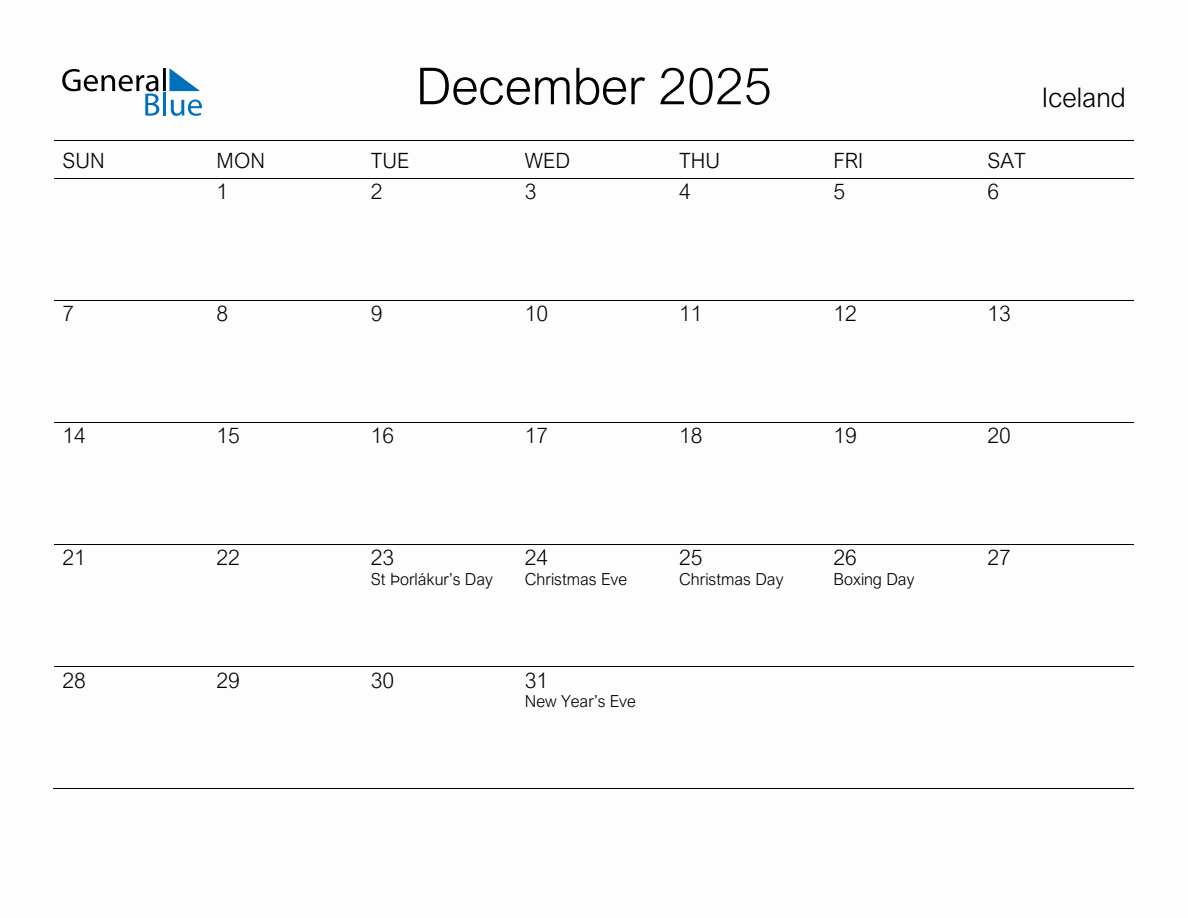 Printable December 2025 Monthly Calendar with Holidays for Iceland