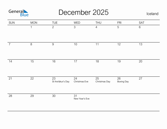 Printable December 2025 Calendar for Iceland