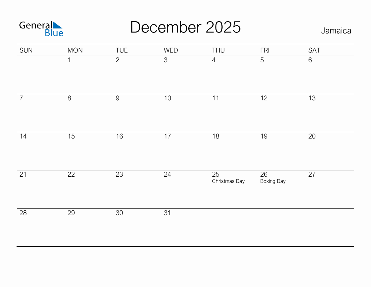 Printable December 2025 Monthly Calendar with Holidays for Jamaica