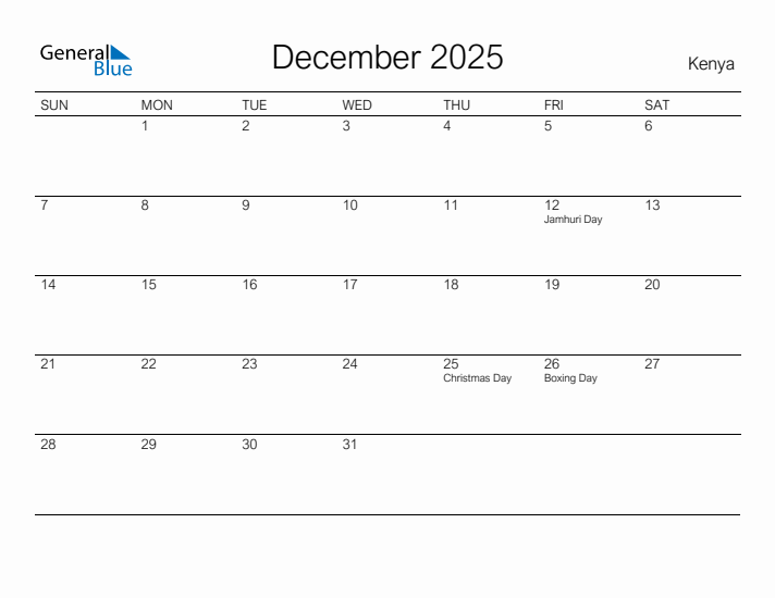 Printable December 2025 Calendar for Kenya