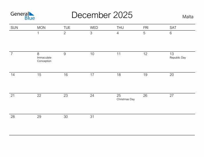 Printable December 2025 Calendar for Malta