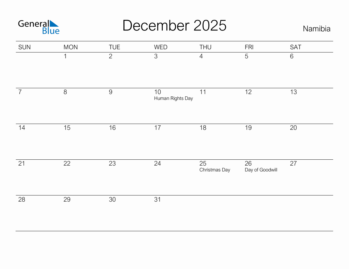 Printable December 2025 Monthly Calendar with Holidays for Namibia