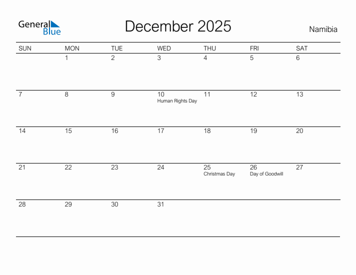Printable December 2025 Calendar for Namibia