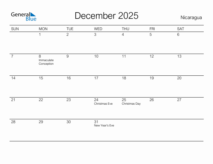 Printable December 2025 Calendar for Nicaragua