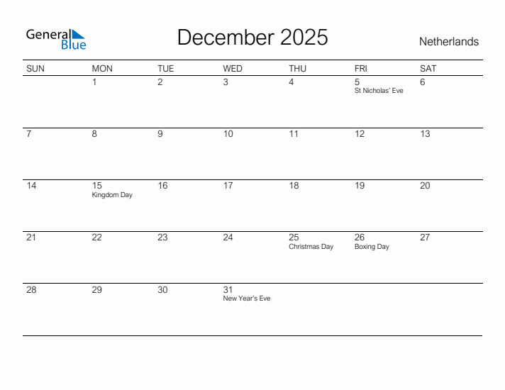 Printable December 2025 Calendar for The Netherlands