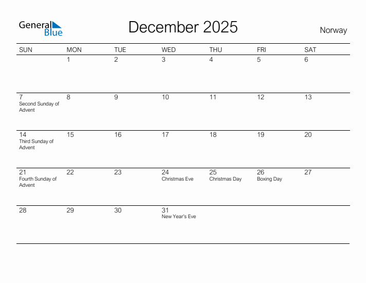 Printable December 2025 Calendar for Norway