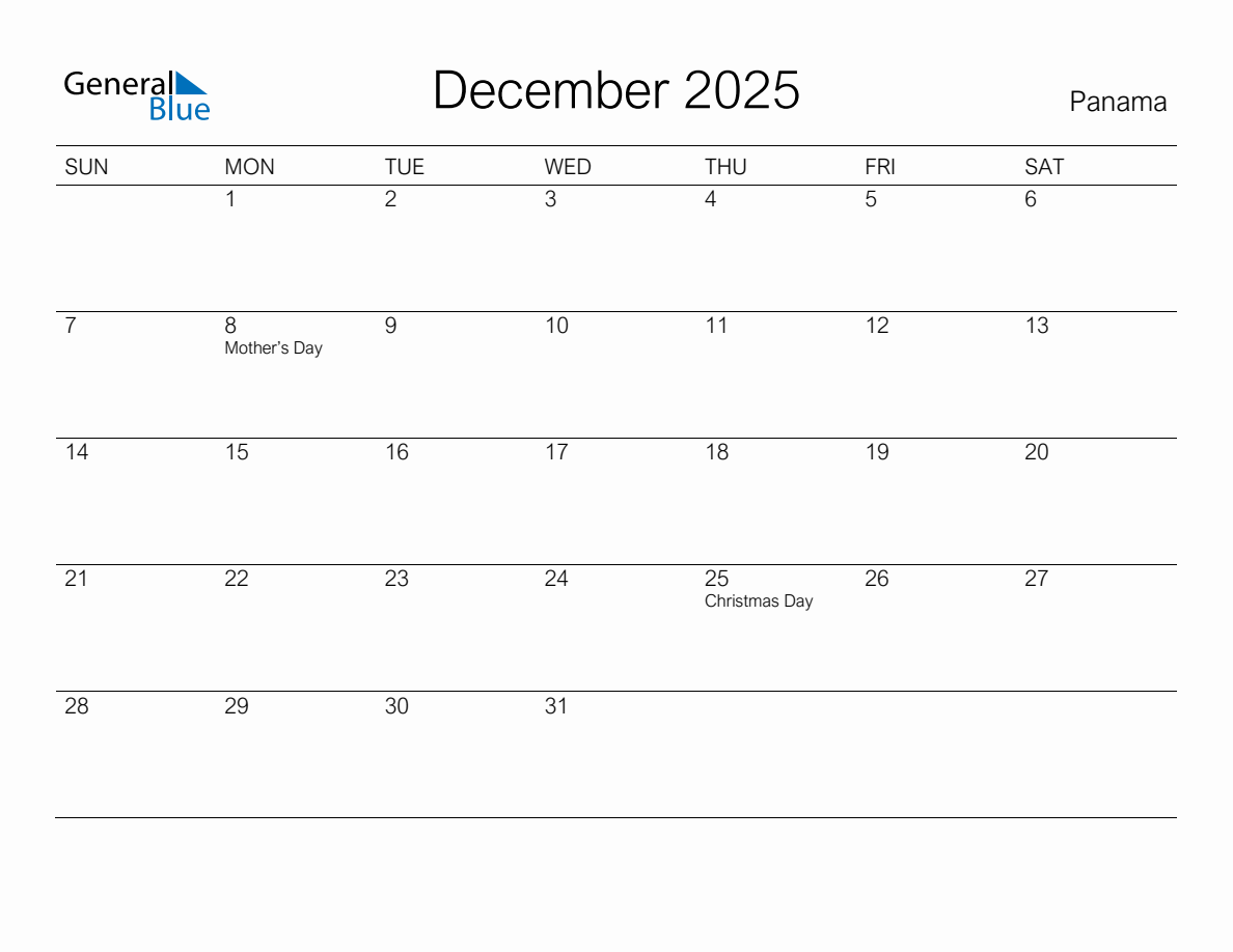 Printable December 2025 Monthly Calendar with Holidays for Panama