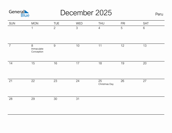 Printable December 2025 Calendar for Peru