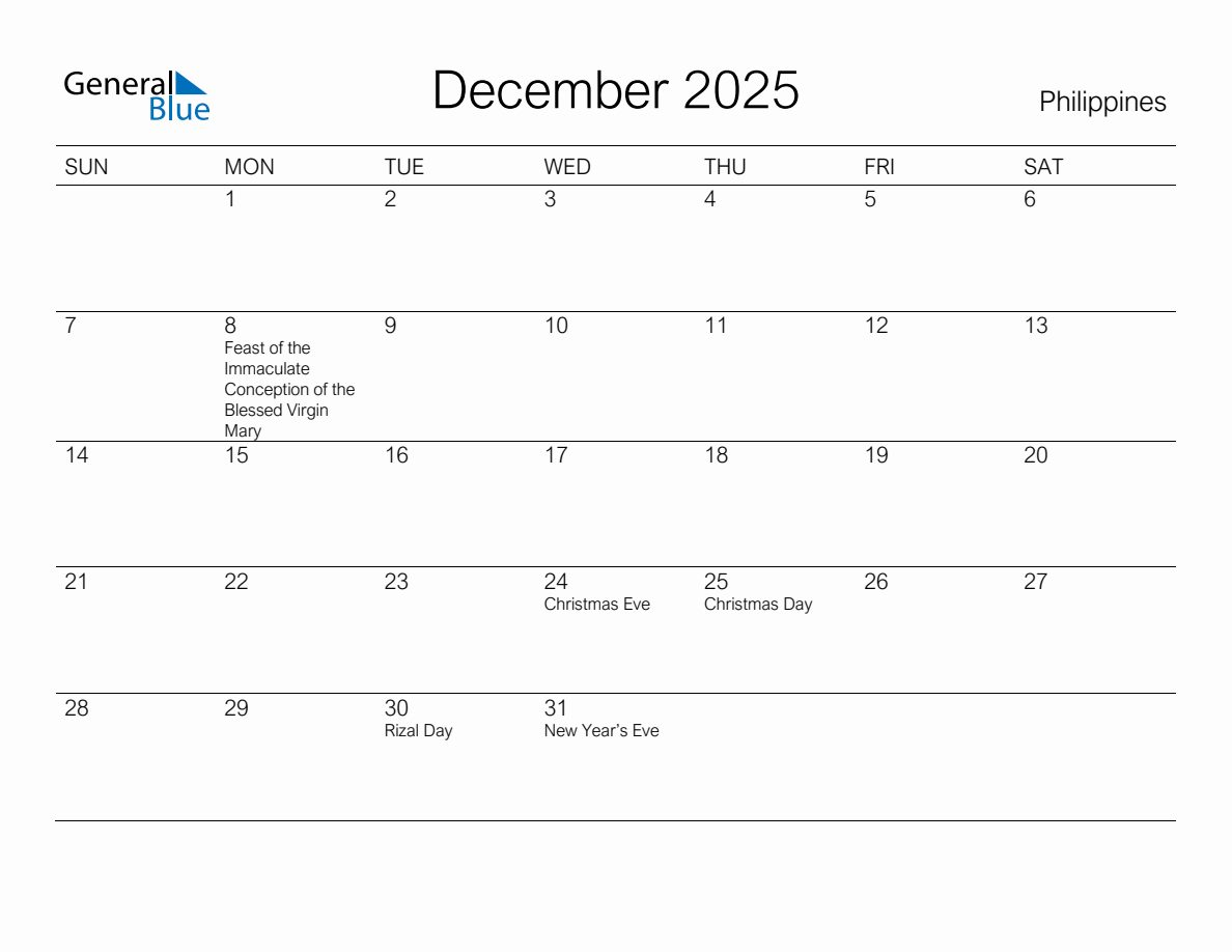 Printable December 2025 Monthly Calendar with Holidays for Philippines