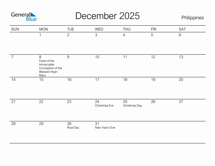Printable December 2025 Monthly Calendar with Holidays for Philippines