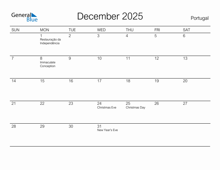 Printable December 2025 Calendar for Portugal
