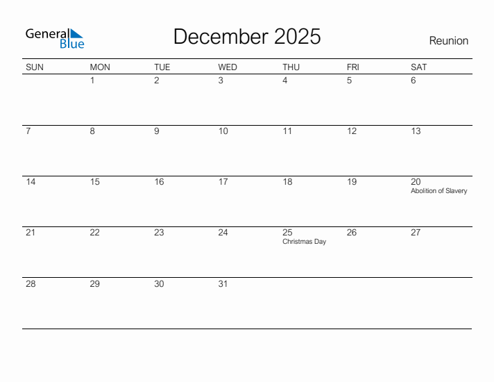 Printable December 2025 Calendar for Reunion