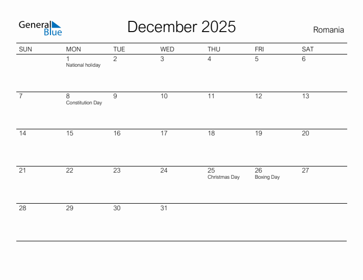 Printable December 2025 Calendar for Romania