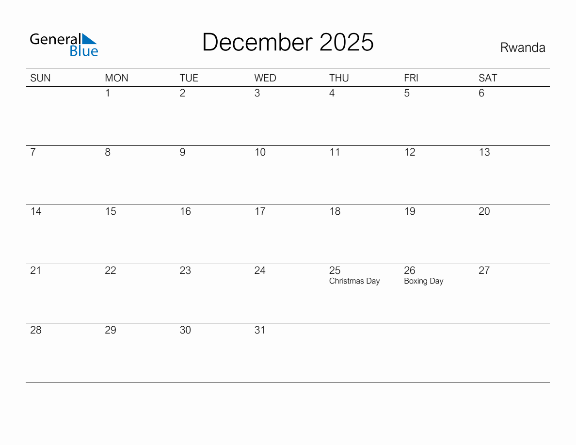 Printable December 2025 Monthly Calendar with Holidays for Rwanda