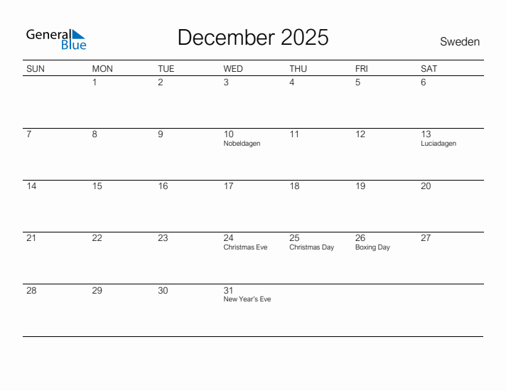 Printable December 2025 Calendar for Sweden
