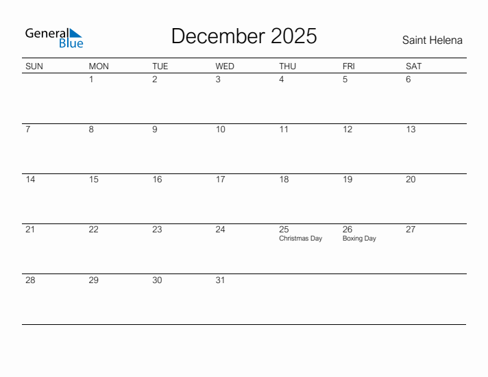Printable December 2025 Calendar for Saint Helena
