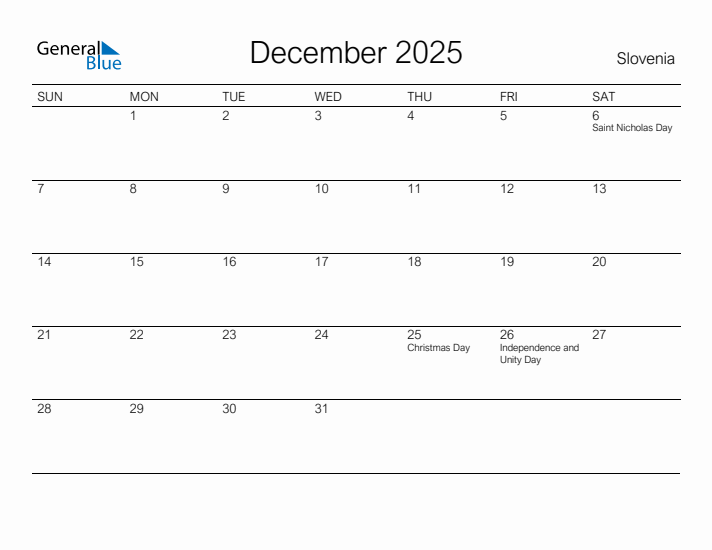 Printable December 2025 Calendar for Slovenia