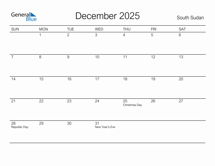 Printable December 2025 Calendar for South Sudan