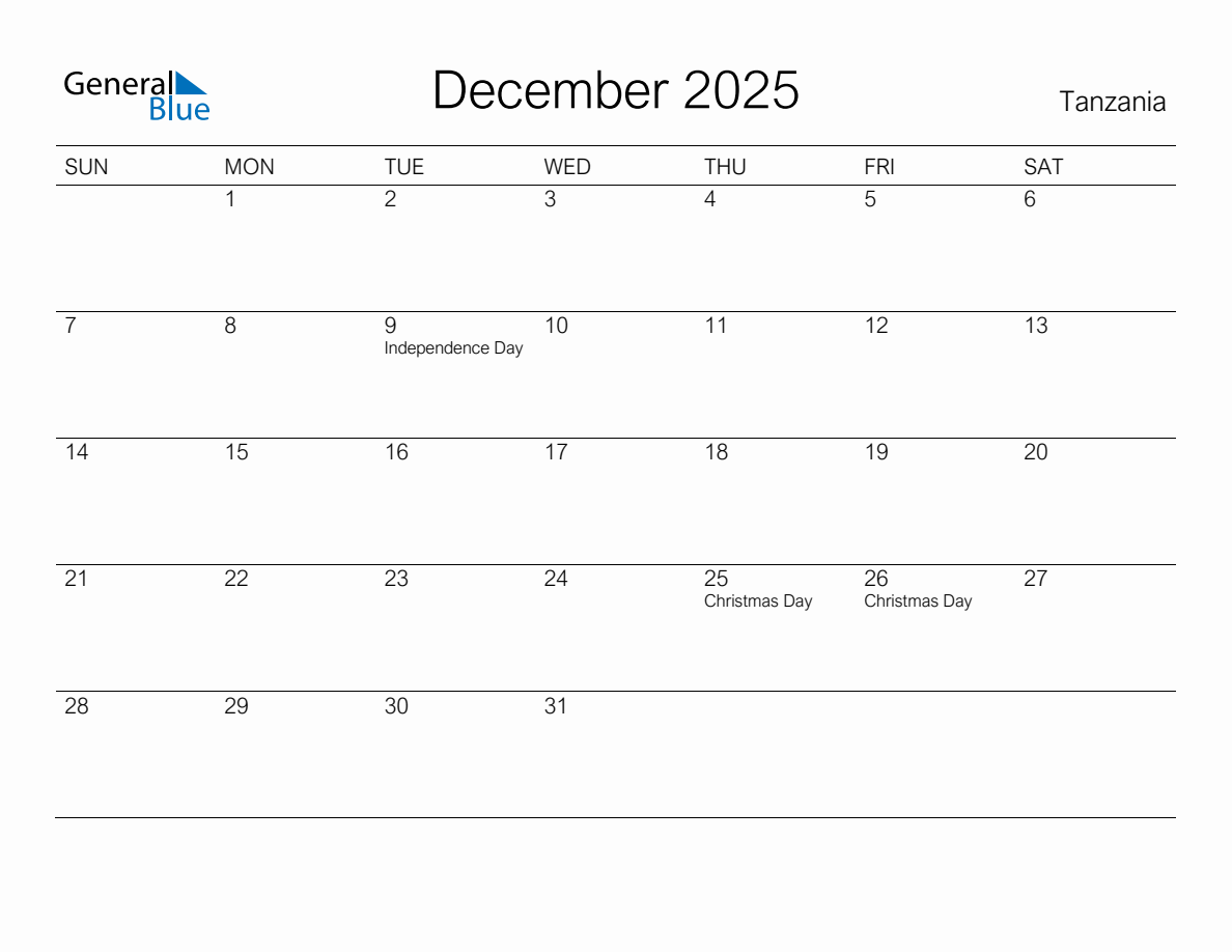 Calendar 2025 With Holidays Tanzania 