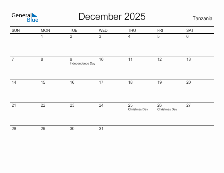 Printable December 2025 Calendar for Tanzania