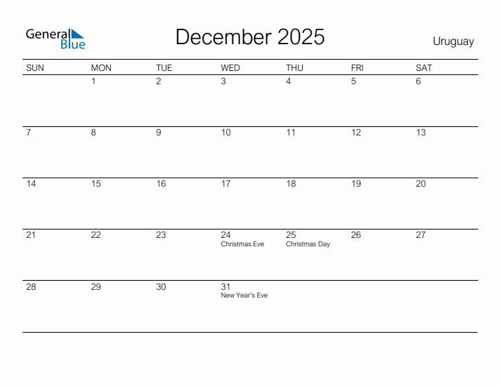 Printable December 2025 Calendar for Uruguay