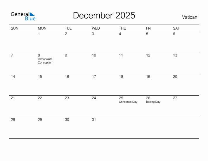 Printable December 2025 Calendar for Vatican