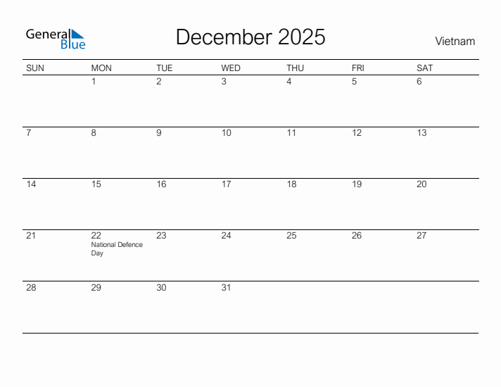 Printable December 2025 Calendar for Vietnam