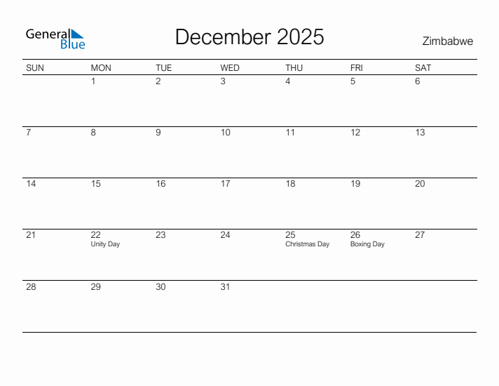 Printable December 2025 Calendar for Zimbabwe