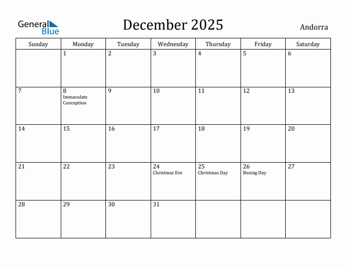 December 2025 Calendar Andorra