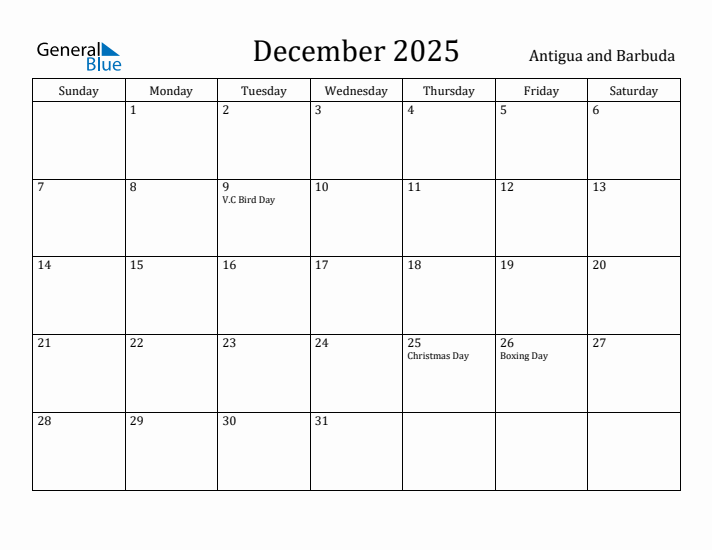 December 2025 Calendar Antigua and Barbuda