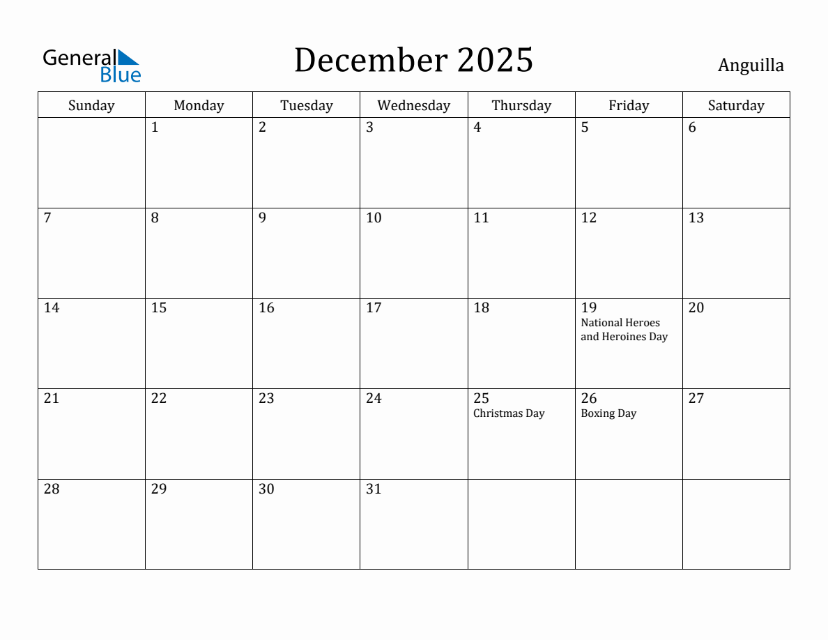 December 2025 Monthly Calendar with Anguilla Holidays