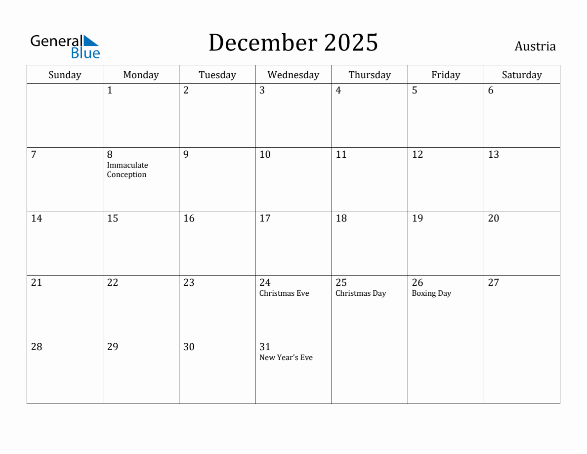 December 2025 Monthly Calendar with Austria Holidays