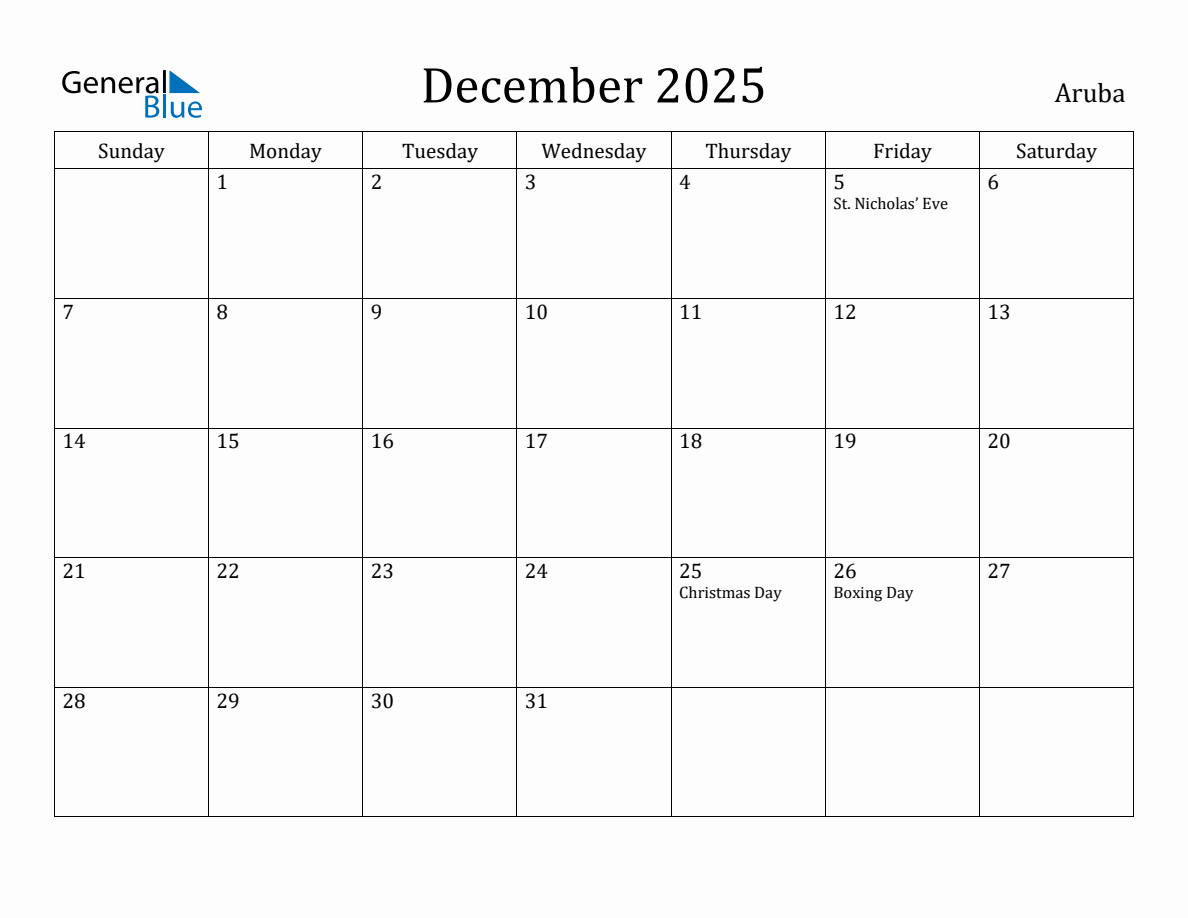 December 2025 Monthly Calendar with Aruba Holidays