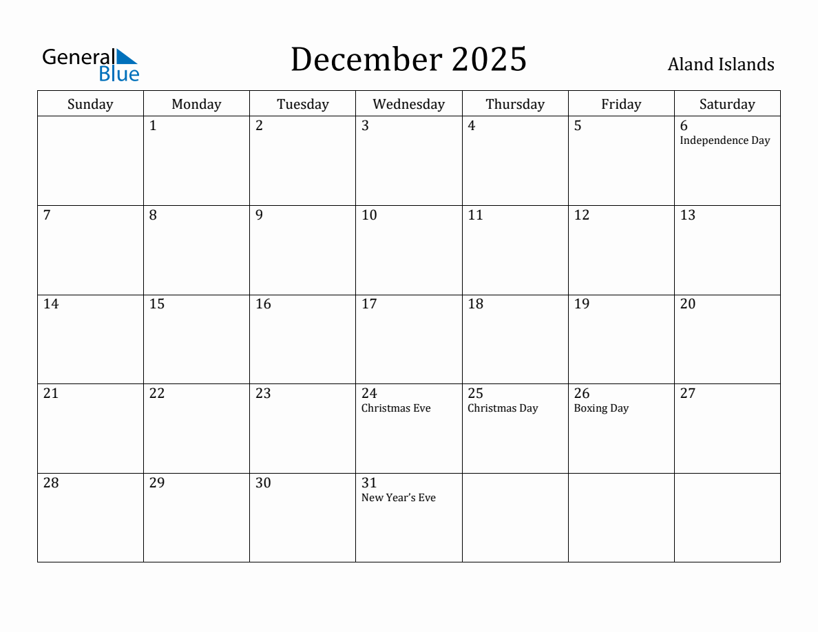 December 2025 Monthly Calendar with Aland Islands Holidays