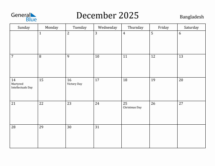 December 2025 Calendar Bangladesh