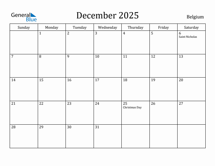 December 2025 Calendar Belgium