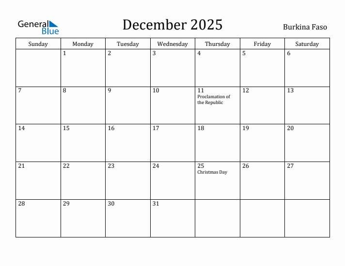 December 2025 Calendar Burkina Faso