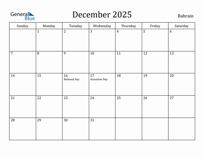 December 2025 Calendar Bahrain