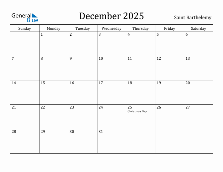 December 2025 Calendar Saint Barthelemy
