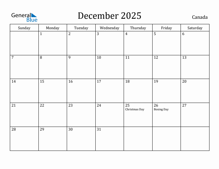 December 2025 Monthly Calendar with Canada Holidays