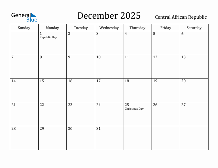 December 2025 Calendar Central African Republic