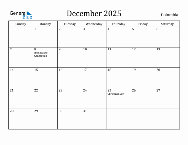 December 2025 Calendar Colombia
