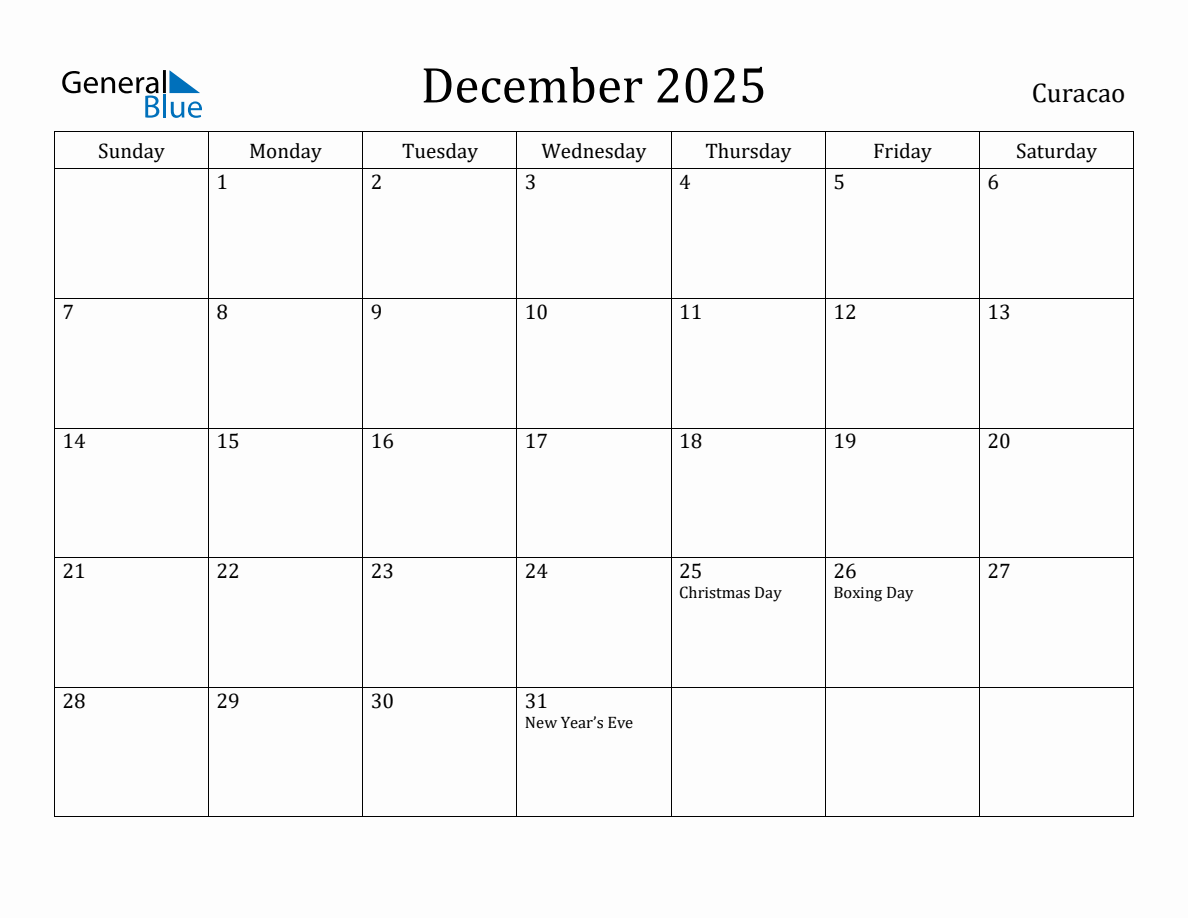 December 2025 Monthly Calendar with Curacao Holidays