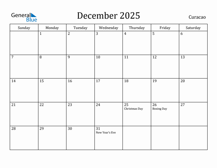 December 2025 Calendar Curacao