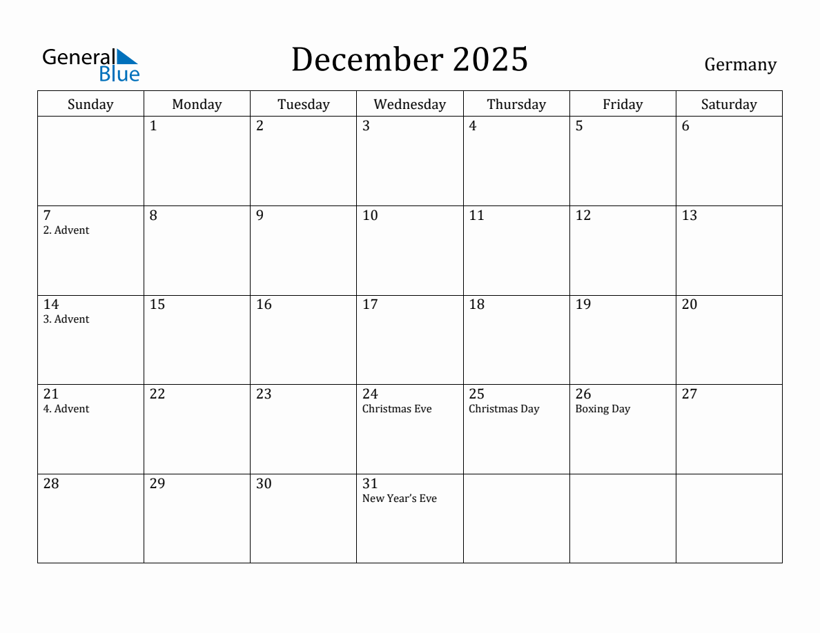 December 2025 Monthly Calendar with Germany Holidays