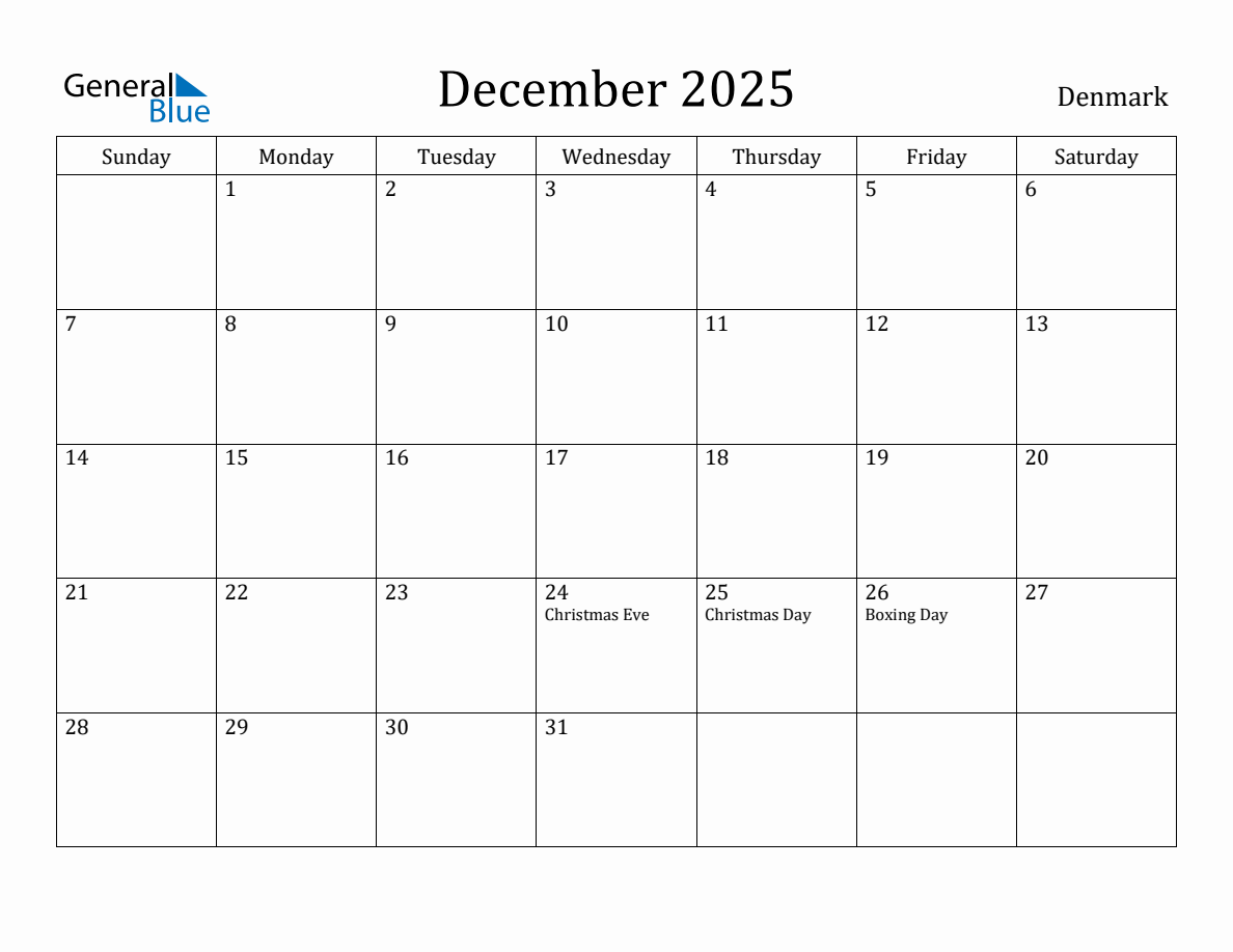 December 2025 Monthly Calendar with Denmark Holidays