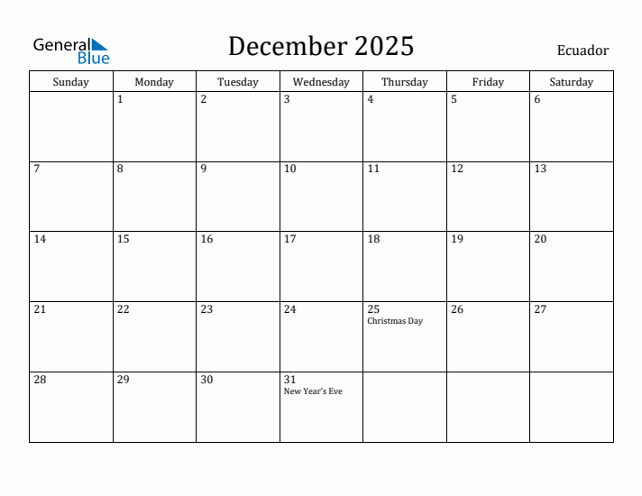 December 2025 Calendar Ecuador